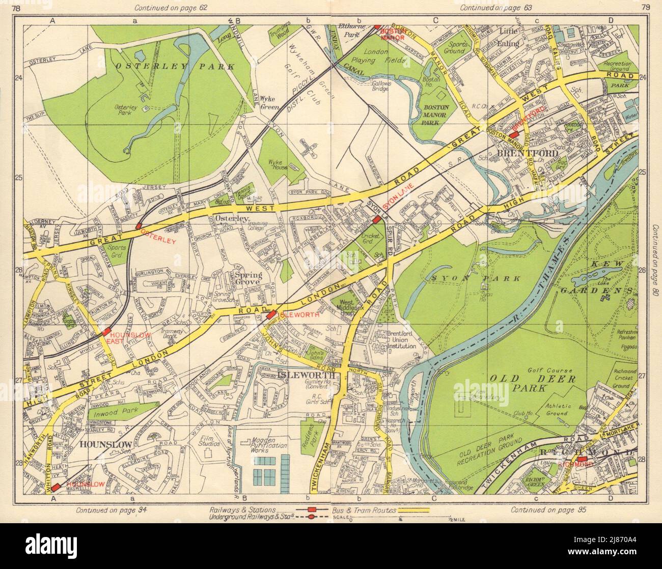 SW LONDRES. Hounslow Isleworth Osterley Brentford Richmond Osterley 1948 MAP Foto de stock