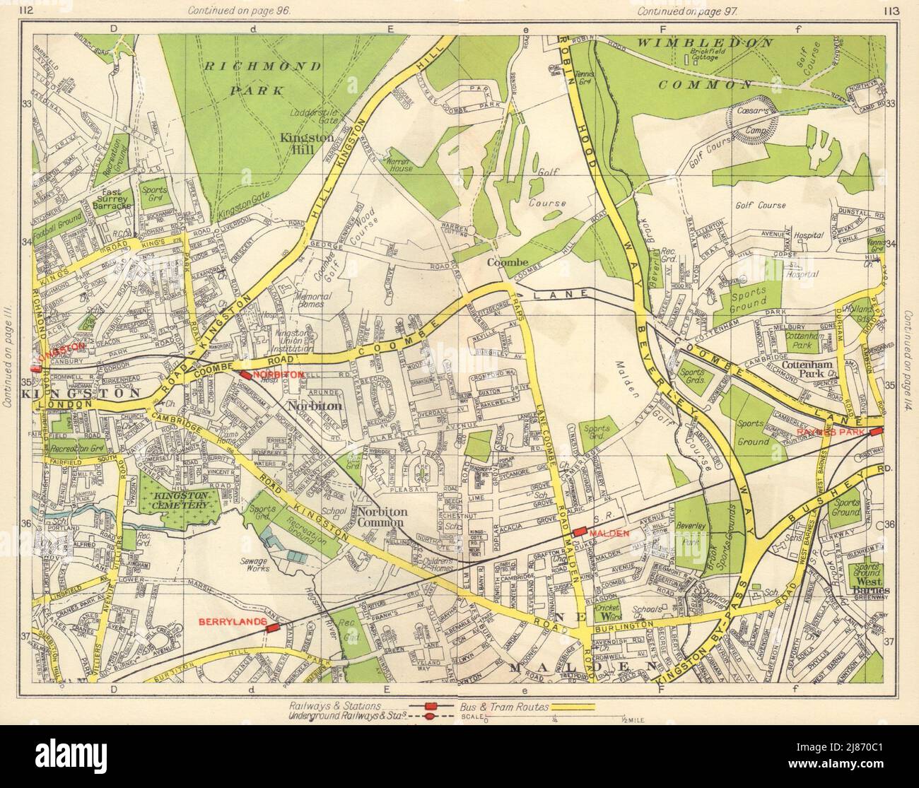 SW LONDRES. Kingston Coombe Norbiton New Malden Berrylands Wimbledon 1948 MAP Foto de stock
