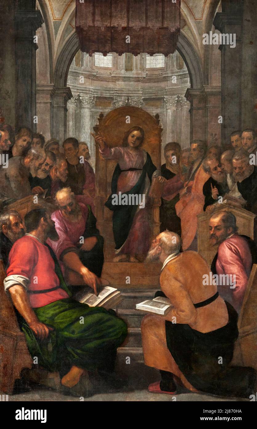 Disponible ci Gesù con i dottori nel tempio - olio su tela - Domenico Cristi detto Passignano - 1590 - Sansepolcro (Ar) ,Italia,chiesa di S. Francesco d’ Foto de stock