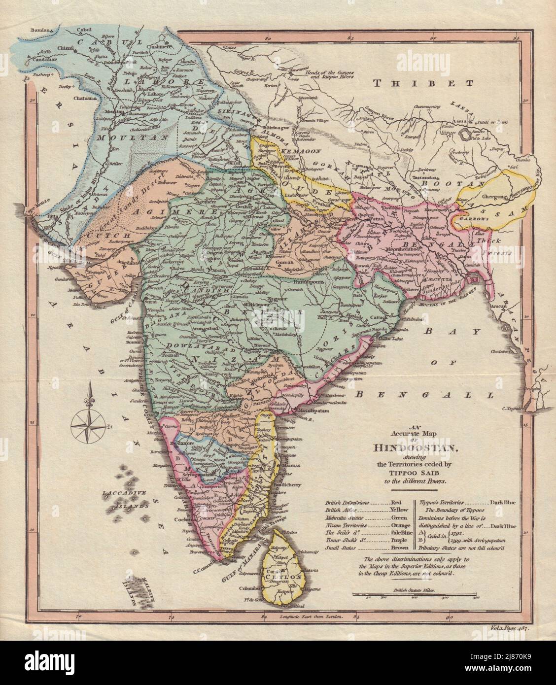 Hindoostan esquivando los territorios cedidos por Tipoo Saib. India. Mapa DE COOKE 1817 Foto de stock