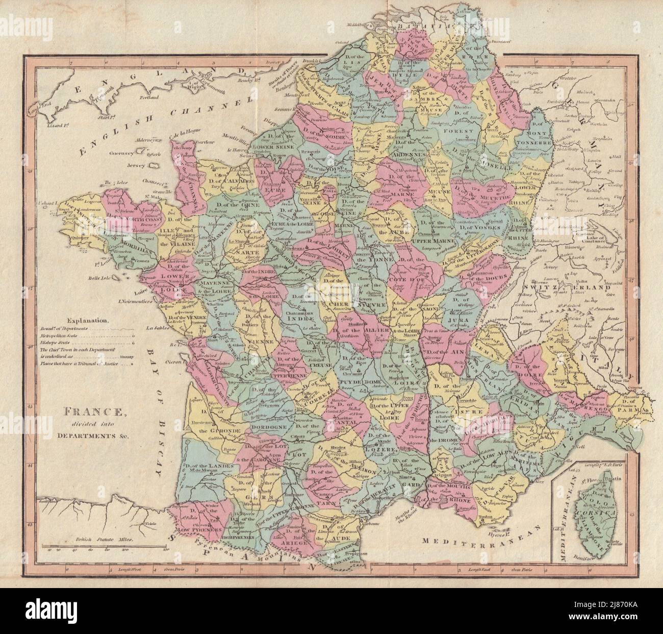 Francia dividida en Departamentos. Primer Imperio Francés/República. Mapa DE COOKE 1817 Foto de stock