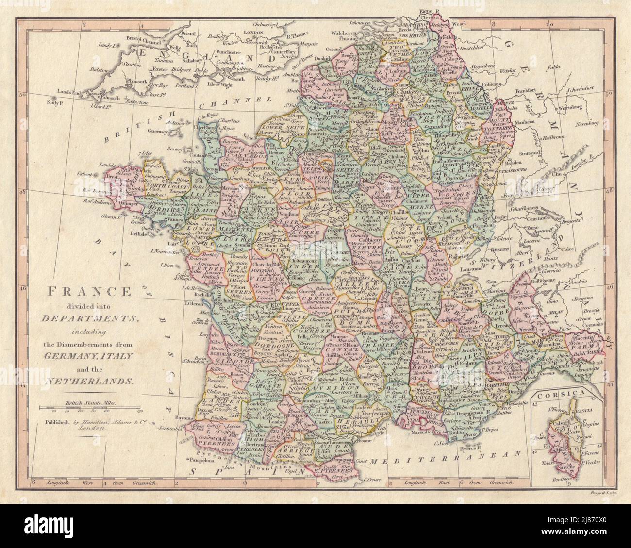 Francia se dividió en departamentos, incluidos los desmembramientos… Mapa DE WILKINSON 1828 Foto de stock