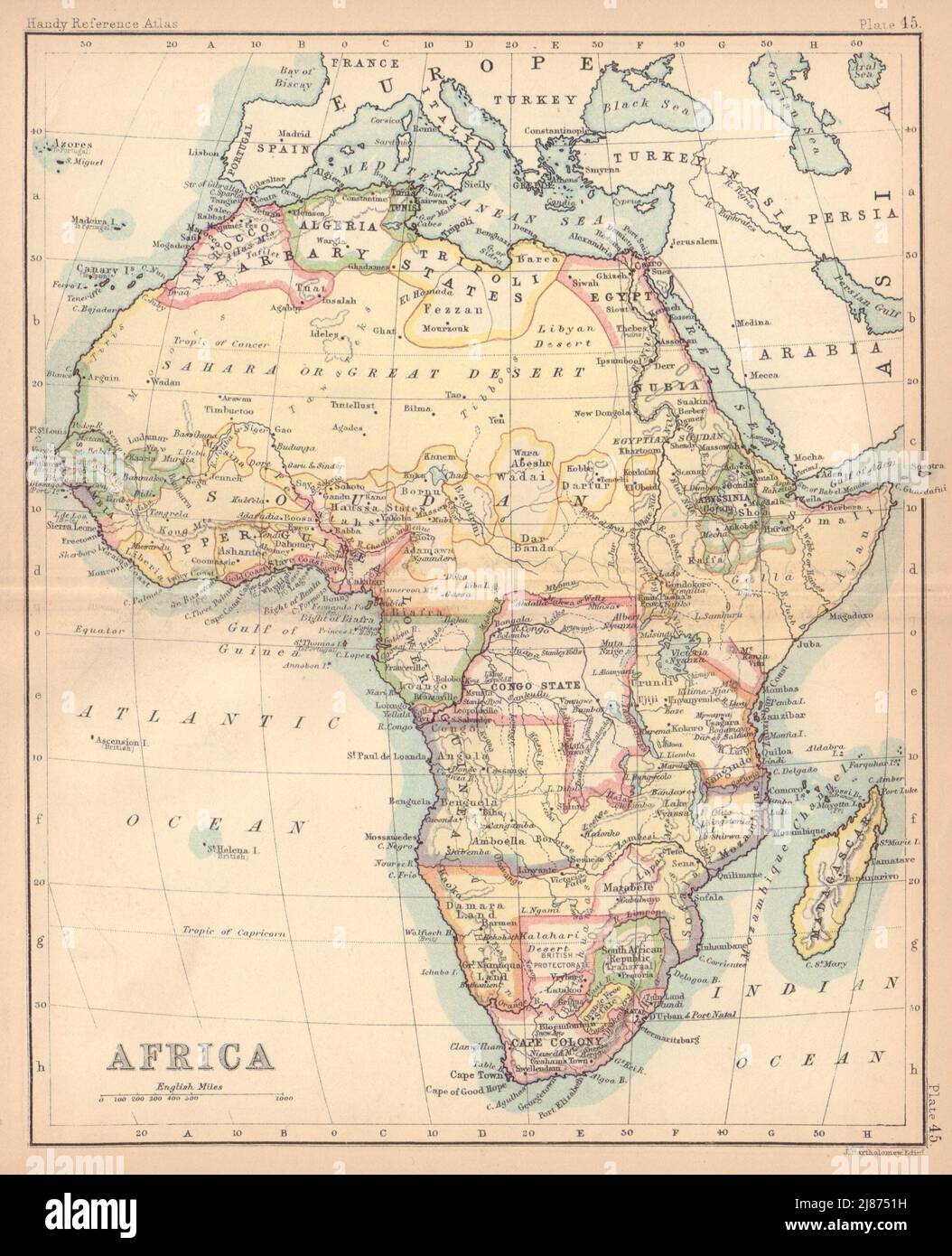África colonial. Mapa antiguo. BARTOLOMÉ 1888 antiguo plan gráfico Foto de stock