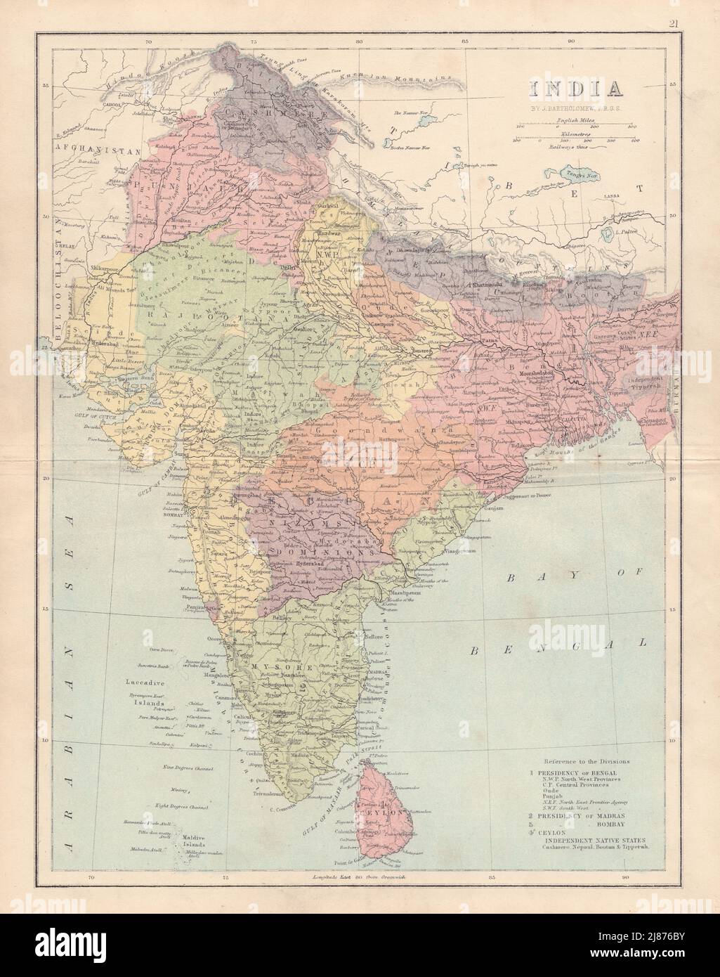 INDIA BRITÁNICA. Mostrando estados, asentamientos franceses y portugueses. Mapa COLLINS 1873 Foto de stock