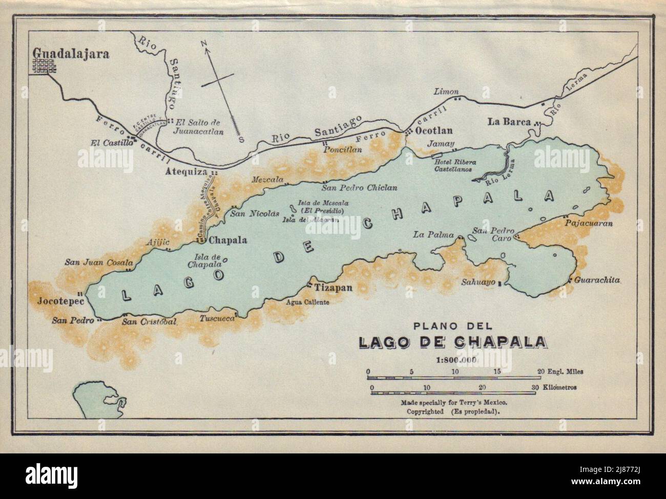 Plano del Lago de Chapala, México. Guadalajara 1938 vieja carta de