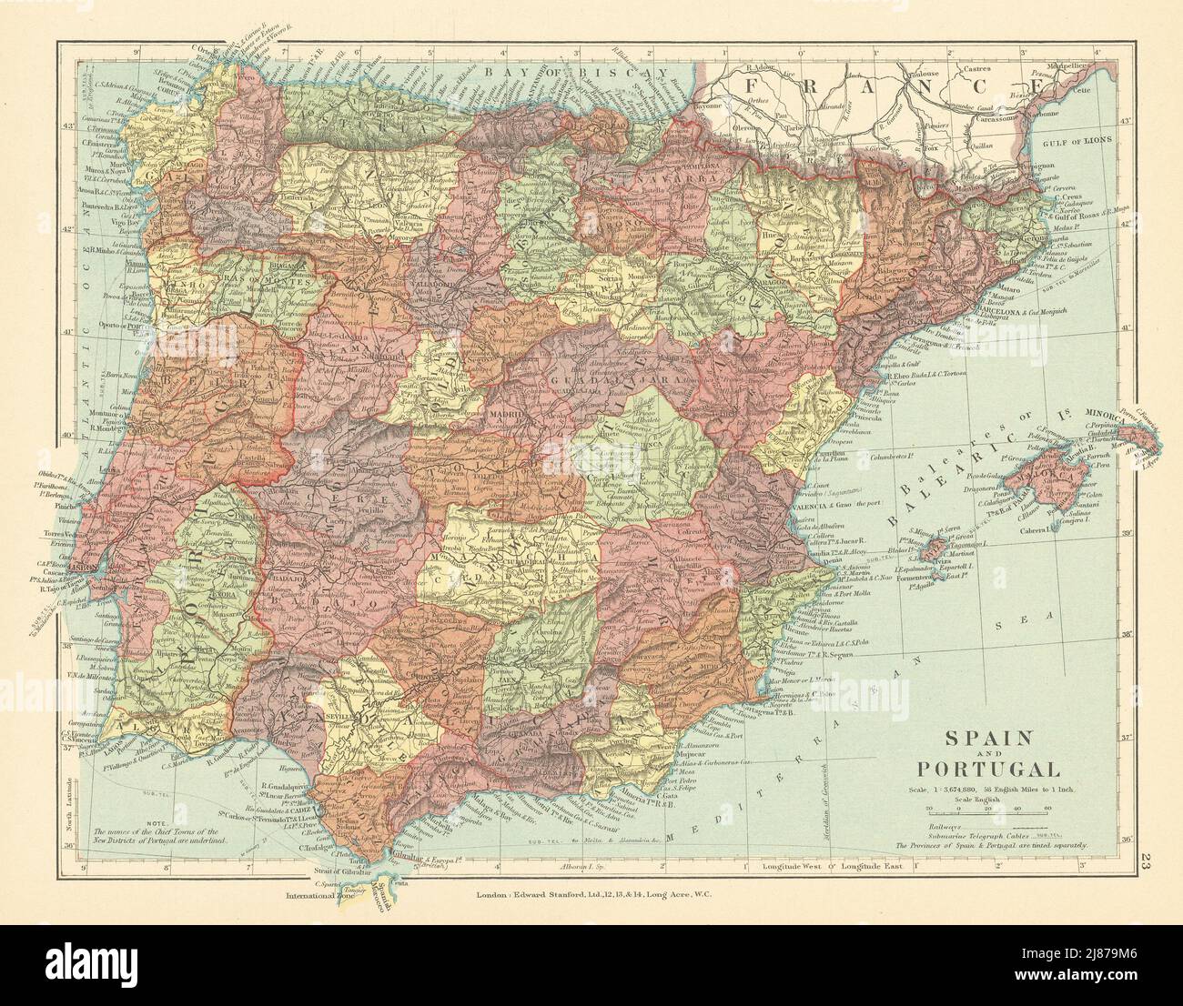 España y Portugal. Iberia. Zona Internacional de Tánger. MAPA antiguo DE STANFORD c1925 Foto de stock