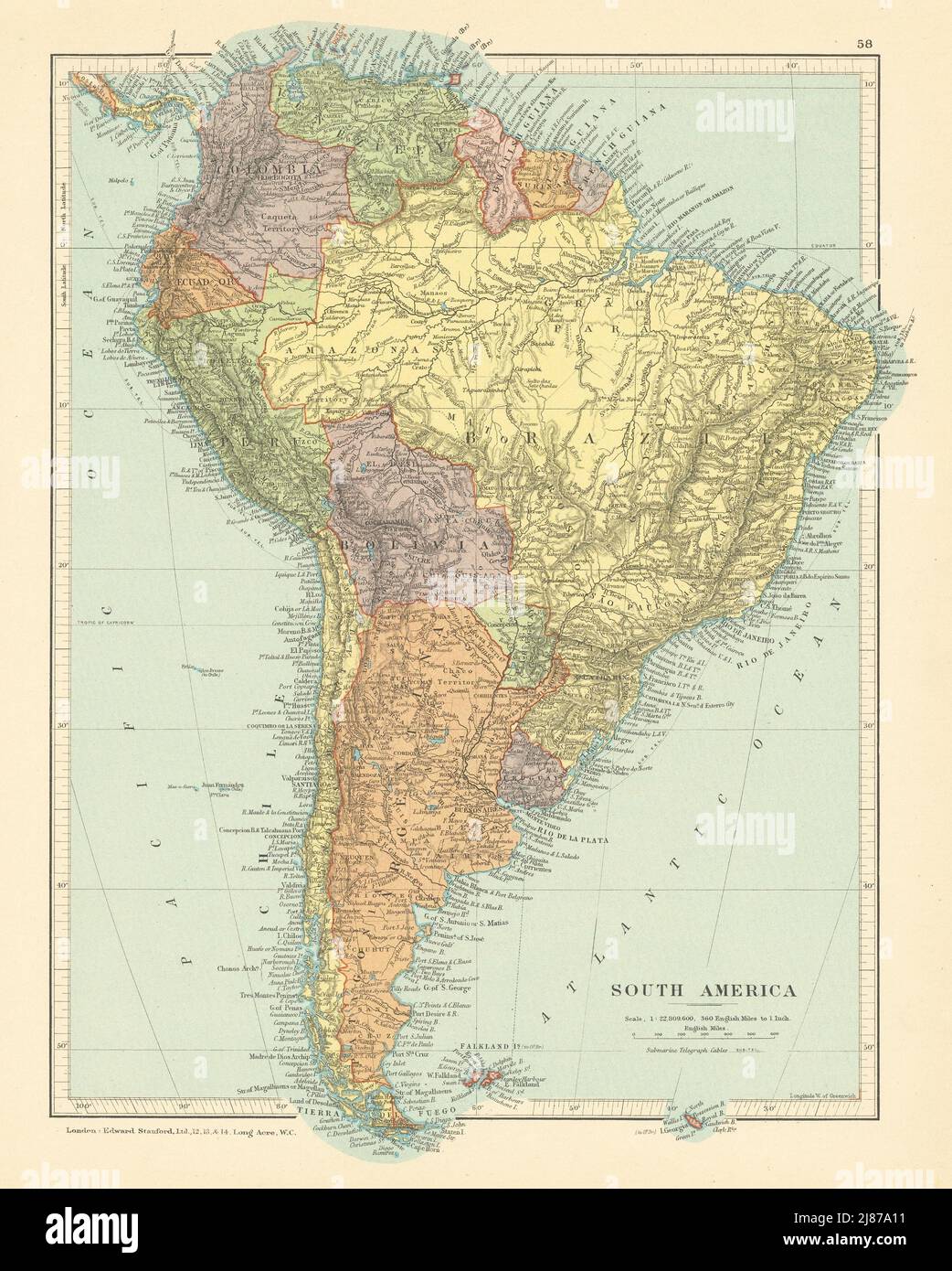 América del Sur. Pre Chaco, Columbia-Perú, Guerras Ecuador-Perú. Mapa DE STANFORD c1925 Foto de stock