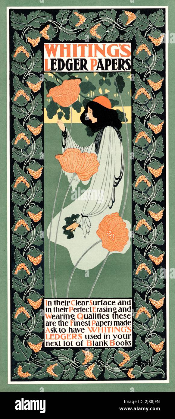El cartel de finales del siglo 19th American Art Nouveau para los papeles de libro mayor de Whiting. El artista es Will Bradley (1868-1962) Foto de stock