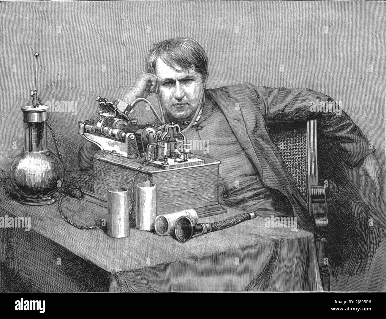 ''El nuevo Phonograph-Sr. de Edison Edison en su laboratorio recibiendo la primera fonografía de Inglaterra', 1888. De, 'El gráfico. Un periódico semanal ilustrado Volume38. Julio a Diciembre, 1888'. Foto de stock