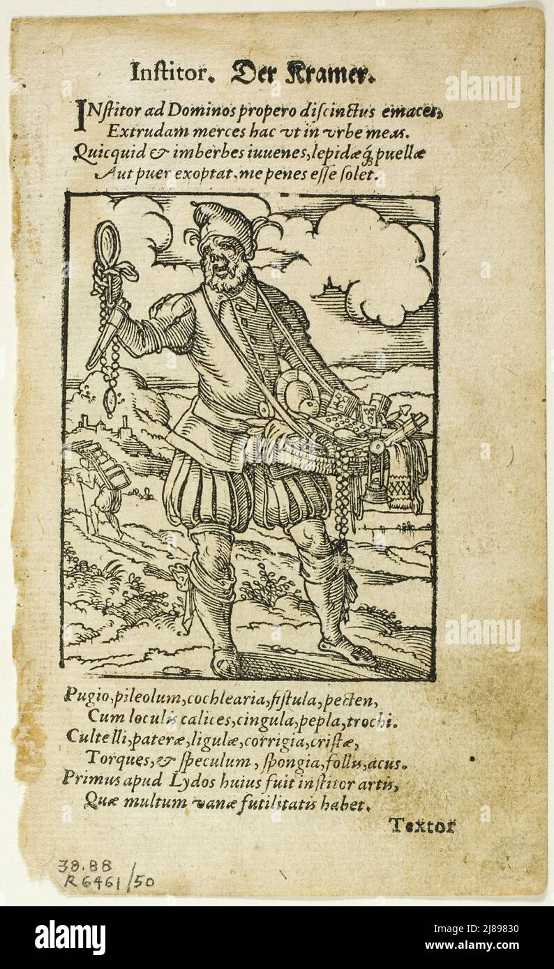 Der Kramer (El Peddler) de De omnibus illiberalibus sive mecanicis artibus de Hartmann Schopper, placa 50 de madera de Libros del siglo XVI, 1574, montado en cartera 1937. Foto de stock
