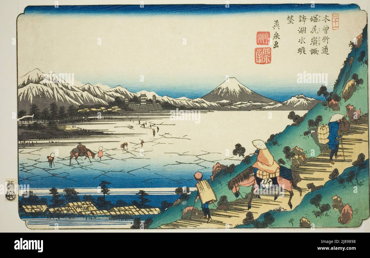 31: Vista del lago Suwa desde el paso de Shiojiri (Sanjuichi: Shiojiri toge Suwa no kosoi chobo), de la serie «[Sixty-nine estaciones del] Kisokaido», Japón, c. 1835/36. Foto de stock
