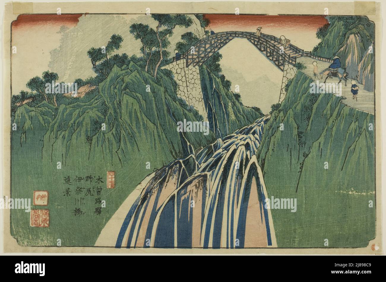 Nº 41: Vista distante del puente del río Ina en Nojiri (Yonjuichi: Noriji Inagawabashi enkei), de la serie «[Sixty-nine estaciones del] Kisokaido», Japón, c. 1835/36. Foto de stock