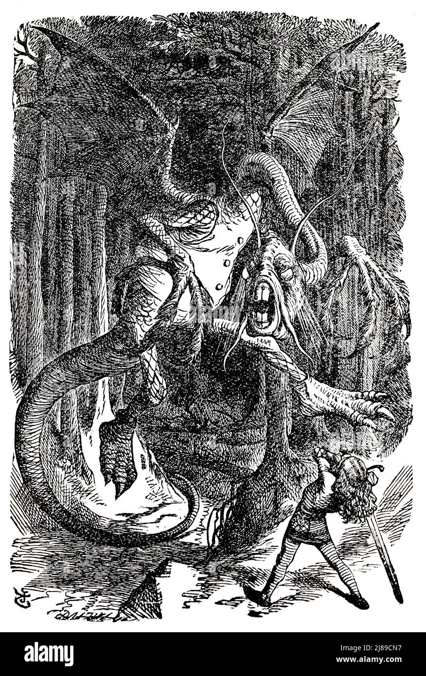 John Tenniel ilustración de la Jabberwocky de Alice in Wonderland de Lewis Carroll Foto de stock