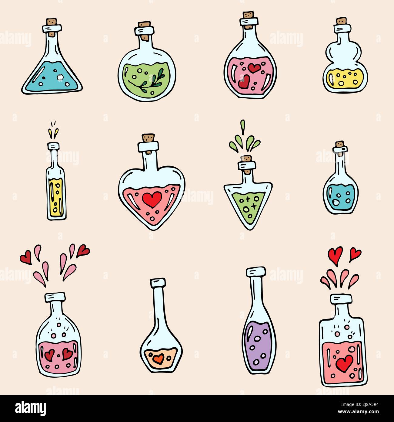 Conjunto de botellas de poción. Juego de alquimia. Iconos vectoriales de  matraces de vidrio con elixir mágico. Veneno de brujas, poción de amor,  halloween. Alquimia elixir en matraz de vidrio Imagen Vector