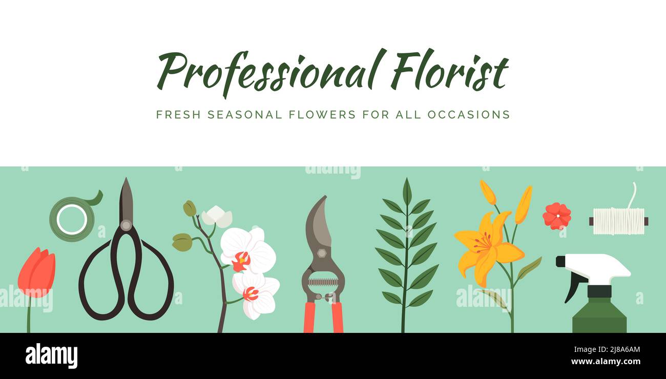 Herramientas profesionales de floristería y hermosas flores cortadas, banner promocional con espacio de copia Ilustración del Vector