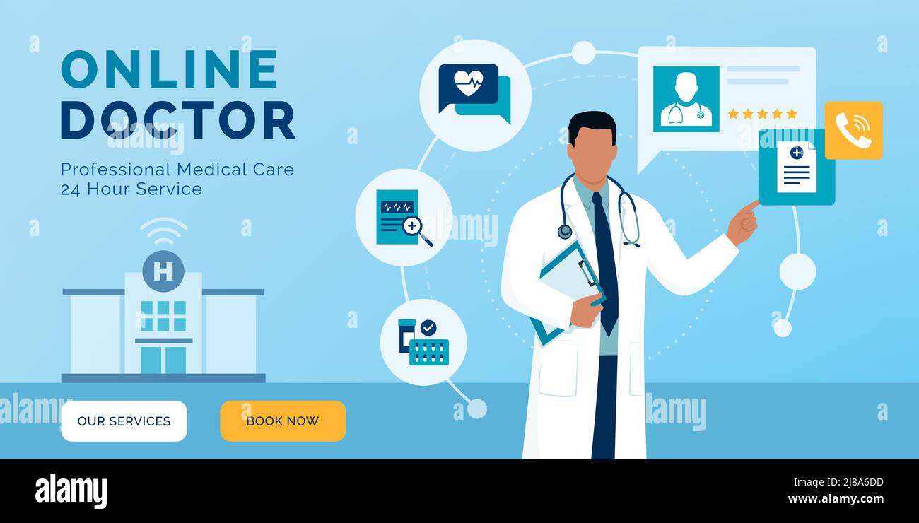 Médico profesional que da consejos médicos y recetas en línea, concepto médico en línea Ilustración del Vector