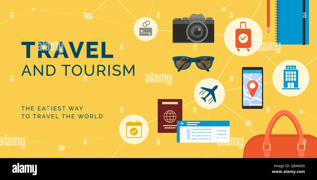 Servicios internacionales de viajes y turismo: Accesorios de viaje, documentos y billetes de avión Ilustración del Vector