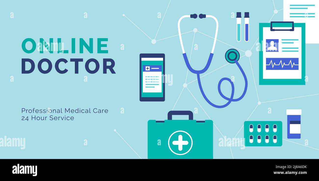 Pancarta de servicios médicos y de telemedicina en línea, equipo médico y espacio de copia Ilustración del Vector