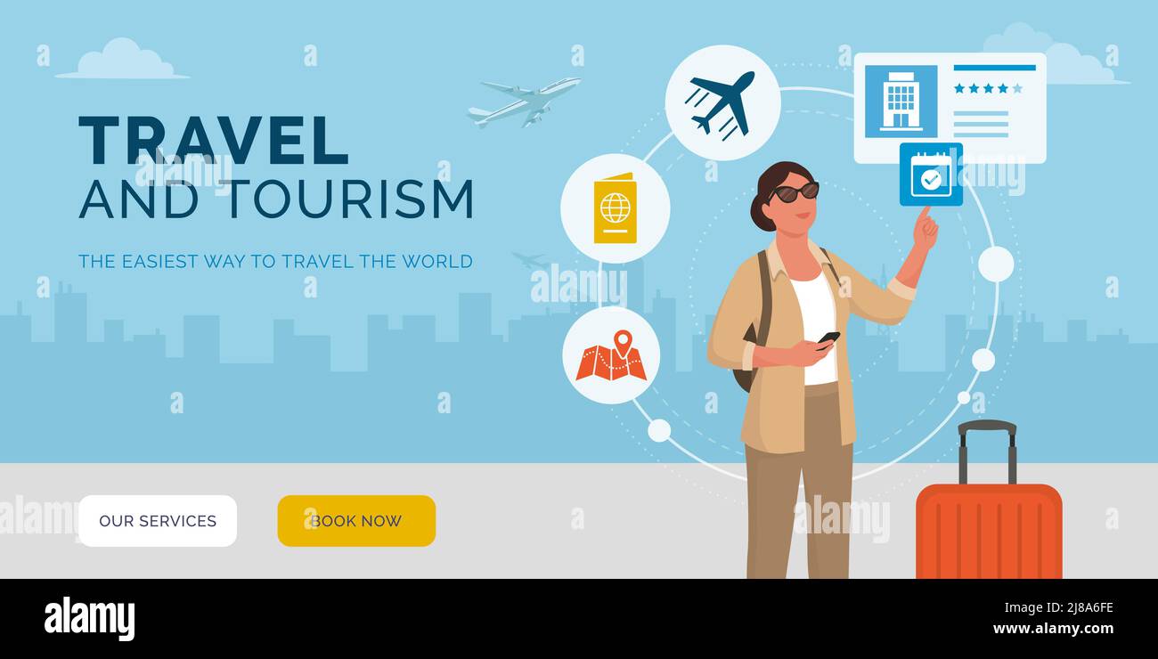 Mujer turística viajando sola y utilizando aplicaciones de servicios de viajes en línea, está reservando una habitación de hotel Ilustración del Vector