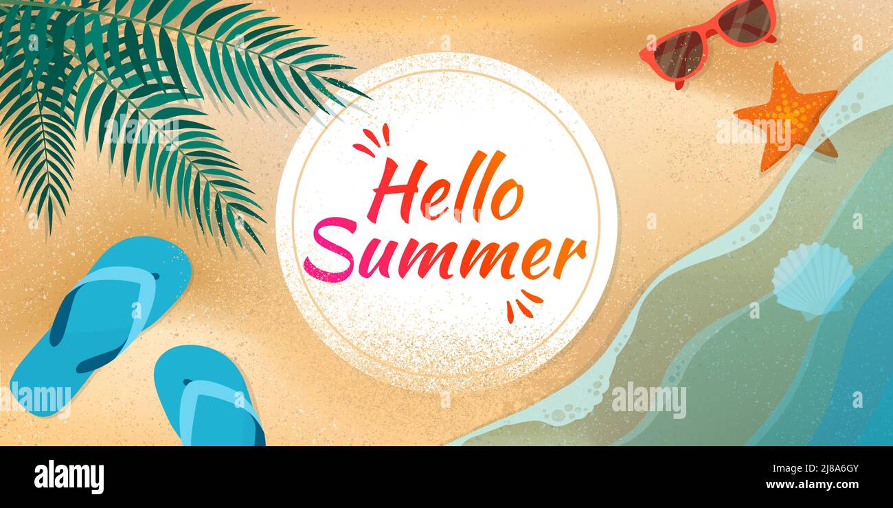 Hola banner de verano con espacio de copia, playa con palma, accesorios y olas de agua, vista superior Ilustración del Vector