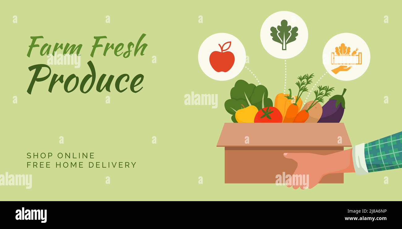 Entrega de productos frescos de granja en casa: Granjero que sostiene una caja llena de verduras frescas y deliciosas frutas Ilustración del Vector