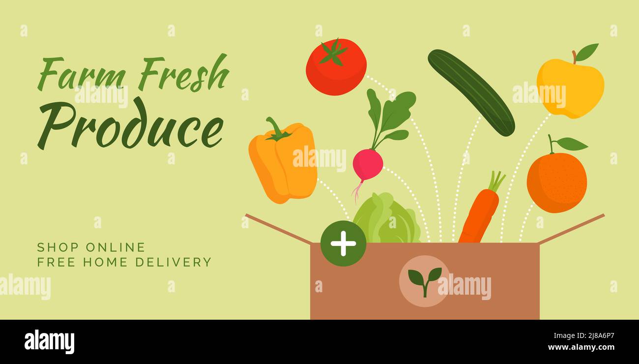 Entrega de productos frescos de la granja en casa: Verduras y frutas frescas añadidas al pedido en línea Ilustración del Vector