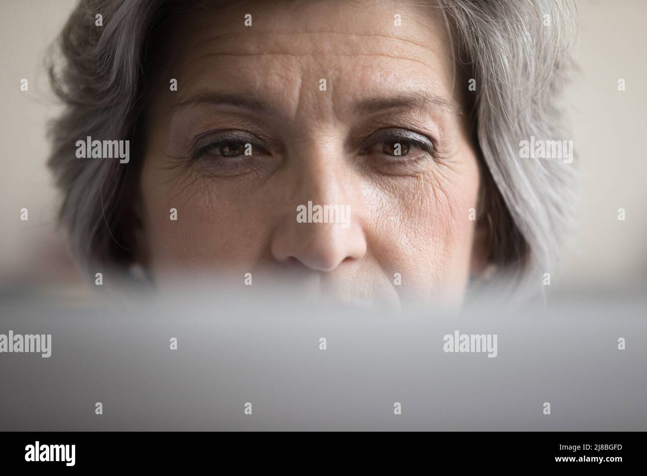 Mujer de usuario de ordenador de pelo gris maduro enfocada mirando al portátil Foto de stock