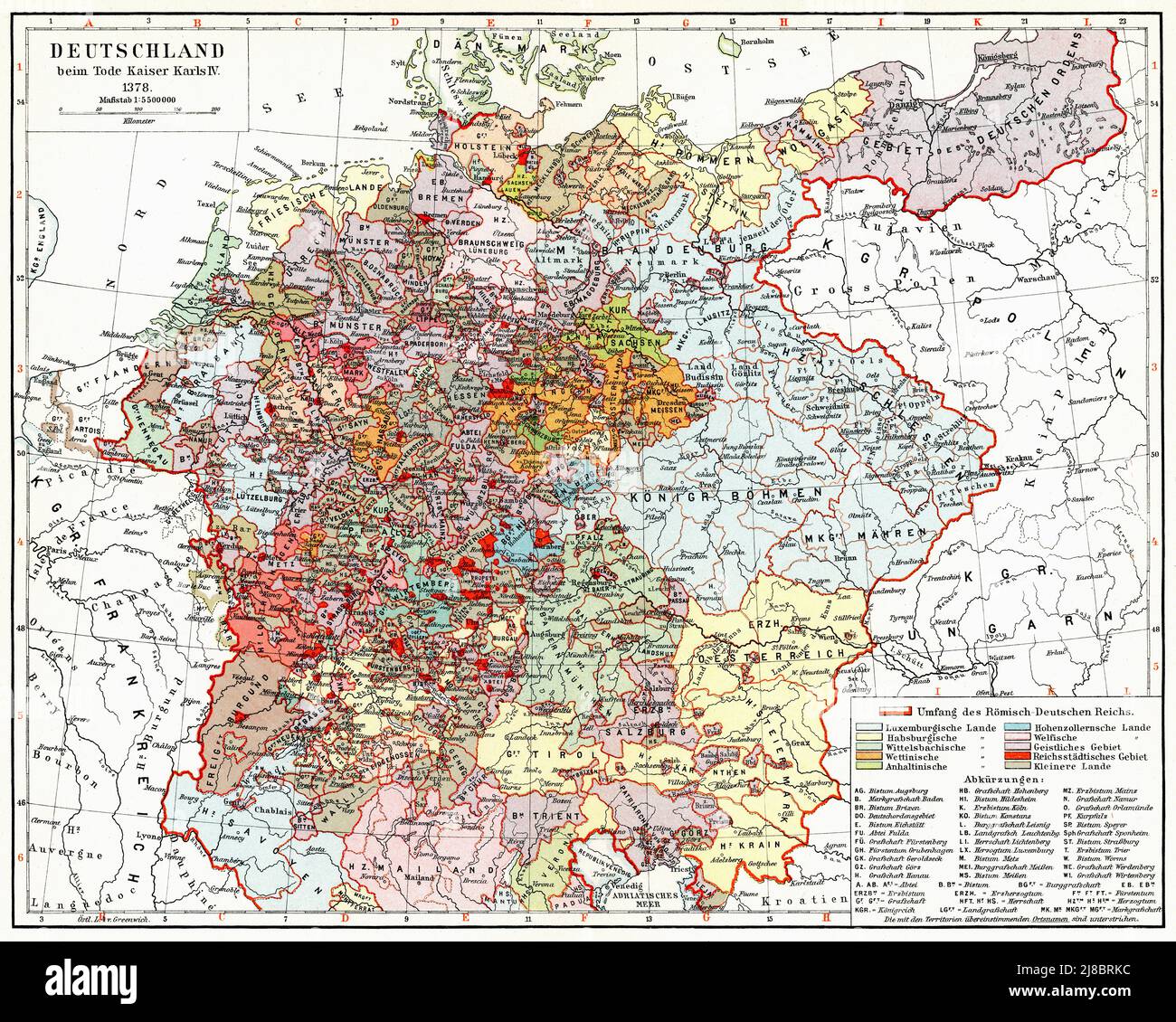 Mapa de Alemania después de la muerte del Kaiser Karl IV (1378). Publicación del libro 'Meyers Konversations-Lexikon', Volumen 2, Leipzig, Alemania, 1910 Foto de stock