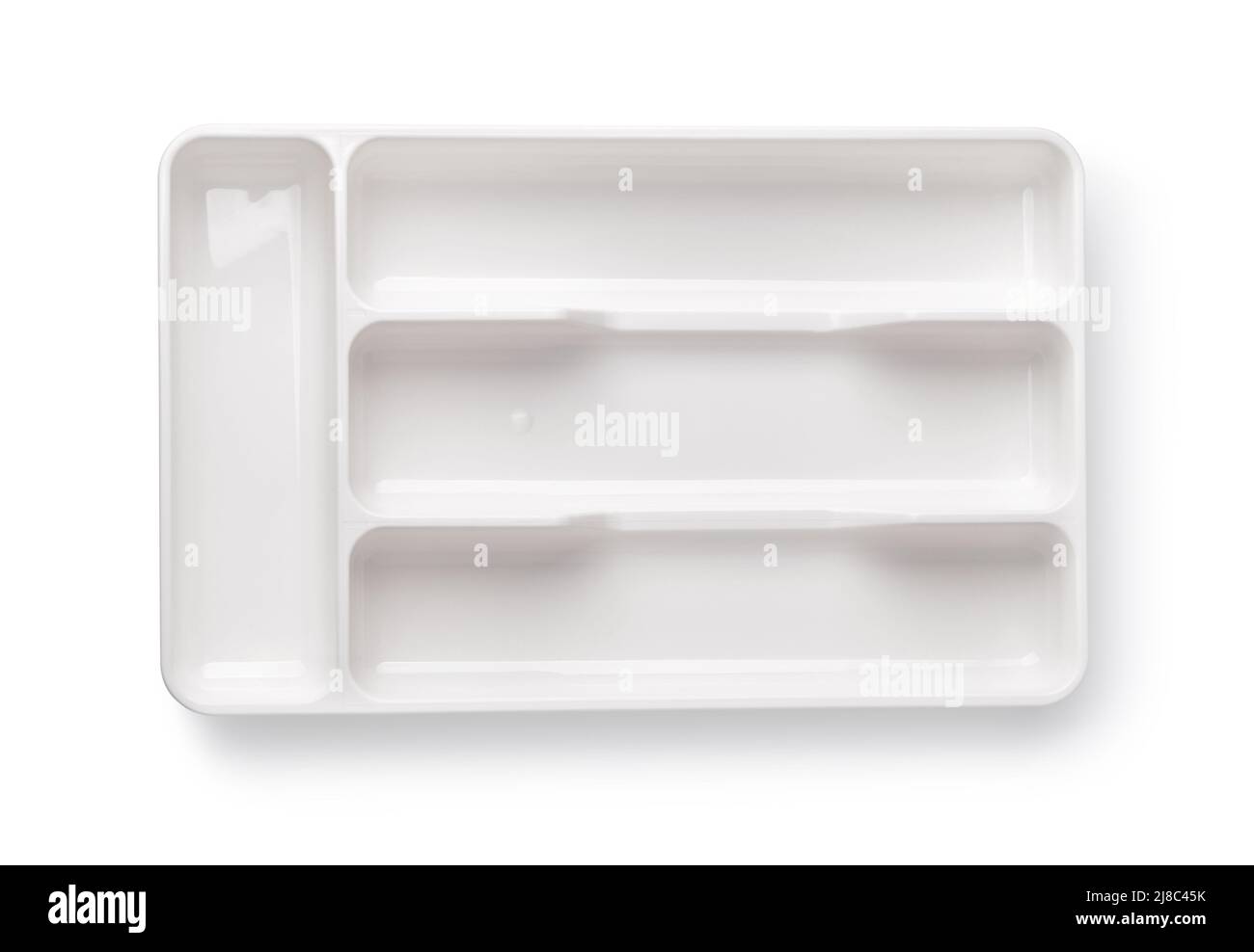 Vista superior del cajón de plástico vacío bandeja para cubiertos aislada sobre blanco Foto de stock