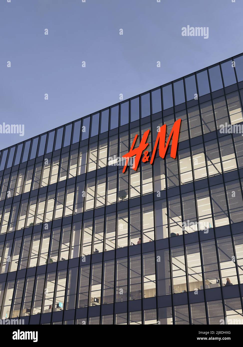 Estocolmo, Suecia. 2 de mayo de 2022. Sólo uso editorial, 3D CGI. Logotipo  H&M Signage en la parte superior del edificio de cristal. Lugar de trabajo  de la oficina de la empresa