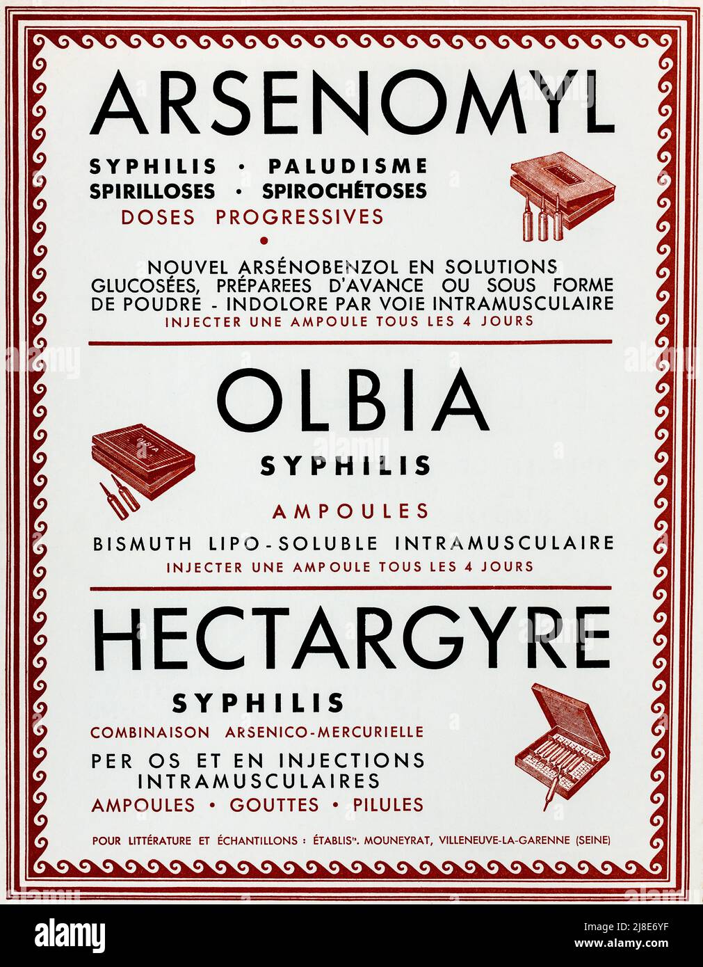 Anuncio en francés de 1950s para el tratamiento de Hectagyre para la sífilis. Foto de stock