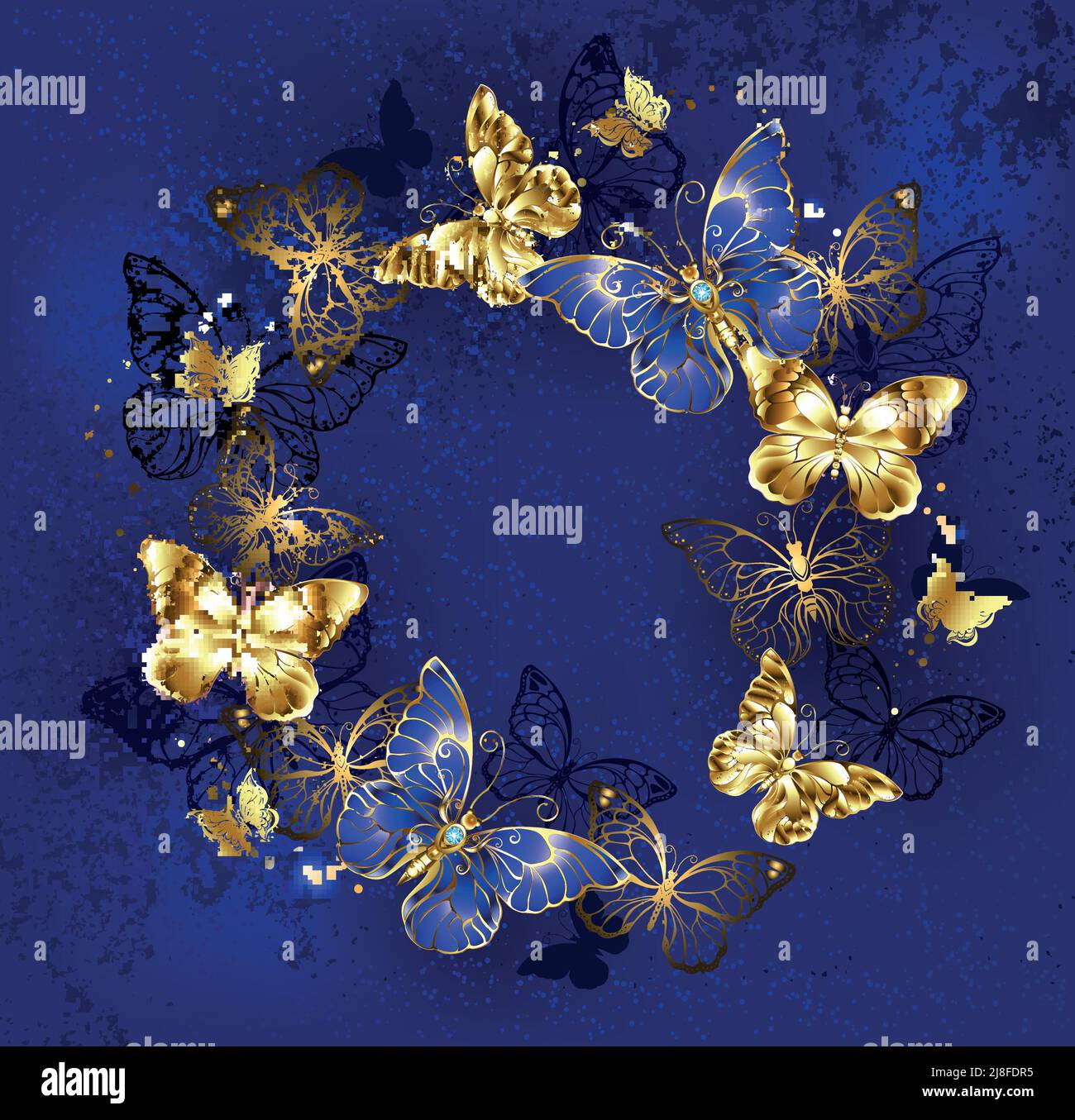 Zafiro, mariposas de joyería y mariposas de oro volando en círculo, sobre fondo azul, con textura. Ilustración del Vector