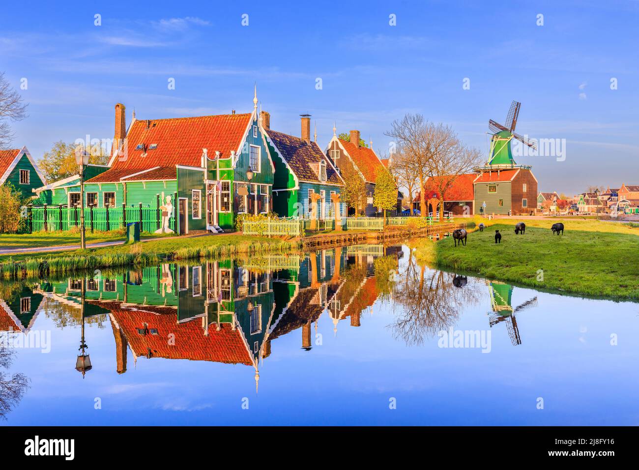 Zaanse Schans pueblo, Países Bajos. Molino de viento holandés y casa tradicional al amanecer. Foto de stock