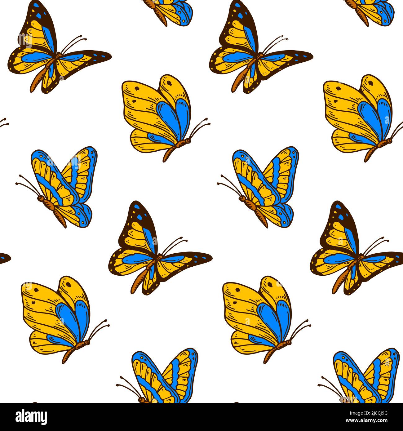 Diseño de mariposa sin costuras en colores de bandera azul y amarilla ucraniana. Destaca por su diseño en Ucrania. Ilustración vectorial dibujada a mano. Ilustración del Vector