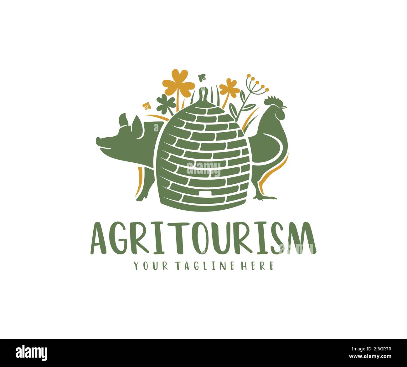 Agroturismo, colmena, horros, cerdo y gallo, diseño de logo. Agricultura, agricultura, apicultura, ganadería y avicultura, diseño de vectores Ilustración del Vector