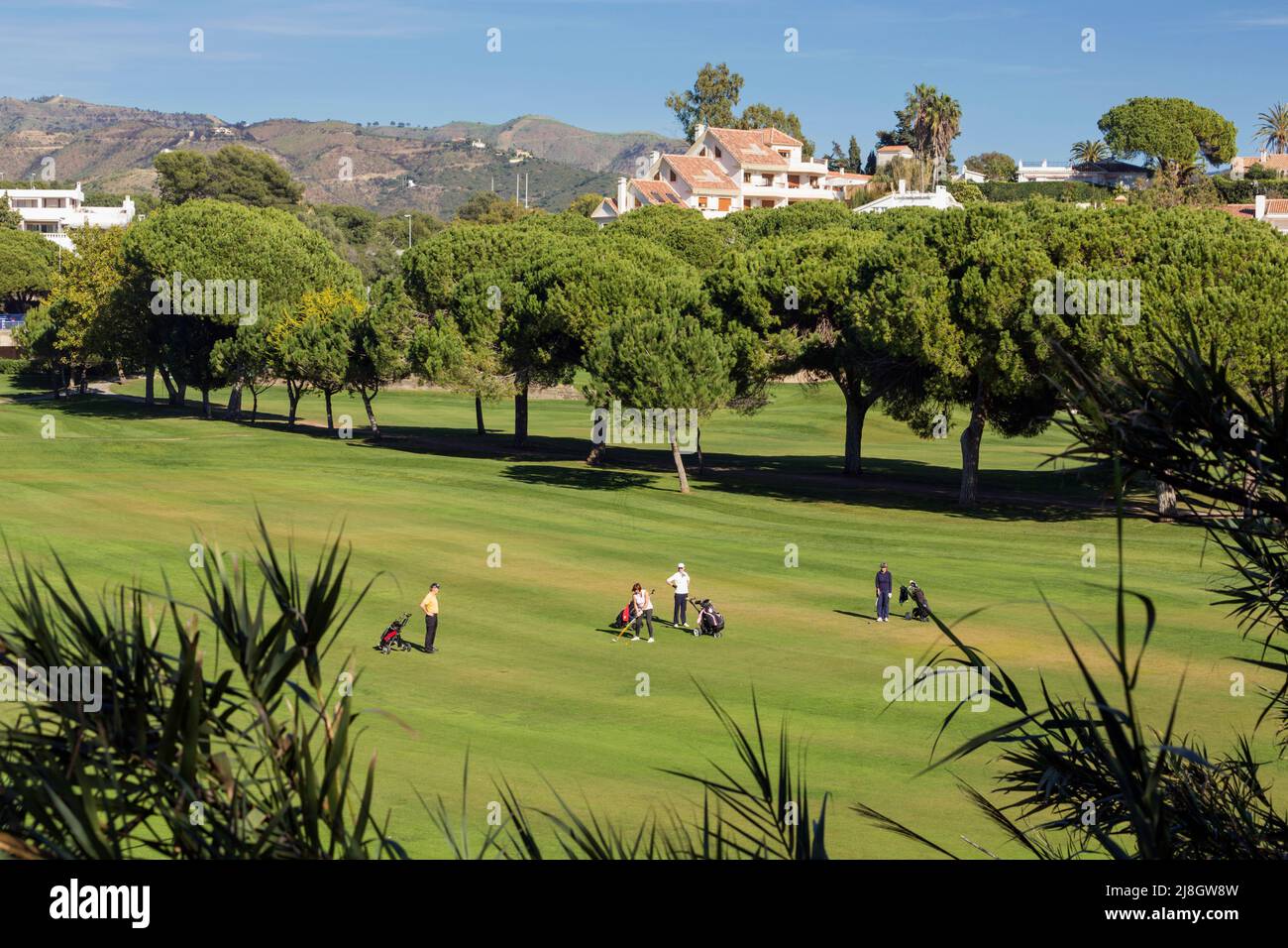 Campo de Golf Río Real, Marbella, Costa del Sol, Provincia de Málaga, Andalucía, sur de España. Grupo de golfistas jugando. Propiedad en segundo plano. Foto de stock