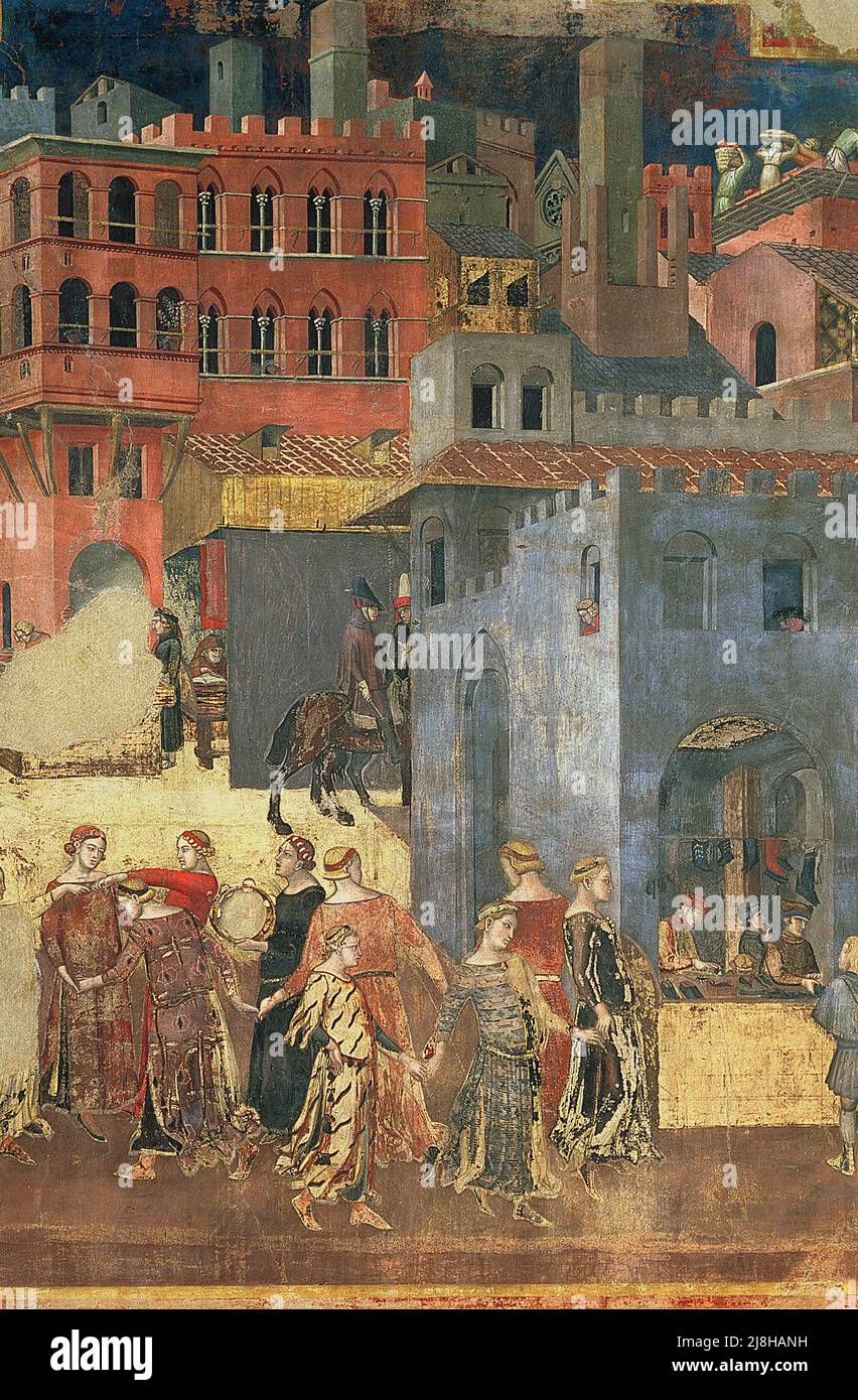 Buen gobierno en la ciudad, 1338-40 (detalle de 57868) (fresco) por Lorenzetti, Ambrogio (1285-c.1348); ancho 1400 cm; Palazzo Pubblico, Siena, Italia; italiano, sin derechos de autor. Foto de stock