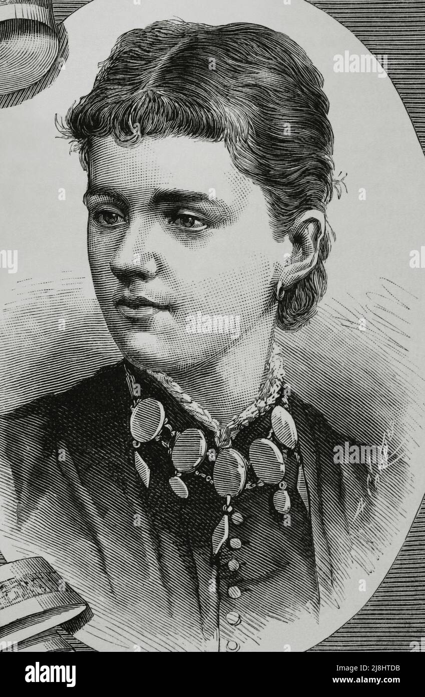 Helena de Waldeck-Pyrmont (Duquesa de Albany) (1861-1922). Miembro de la Familia Real Británica a través de su matrimonio con el Príncipe Leopold, Duque de Albany. Vertical. Grabado de Arturo Carretero, 1882. Foto de stock