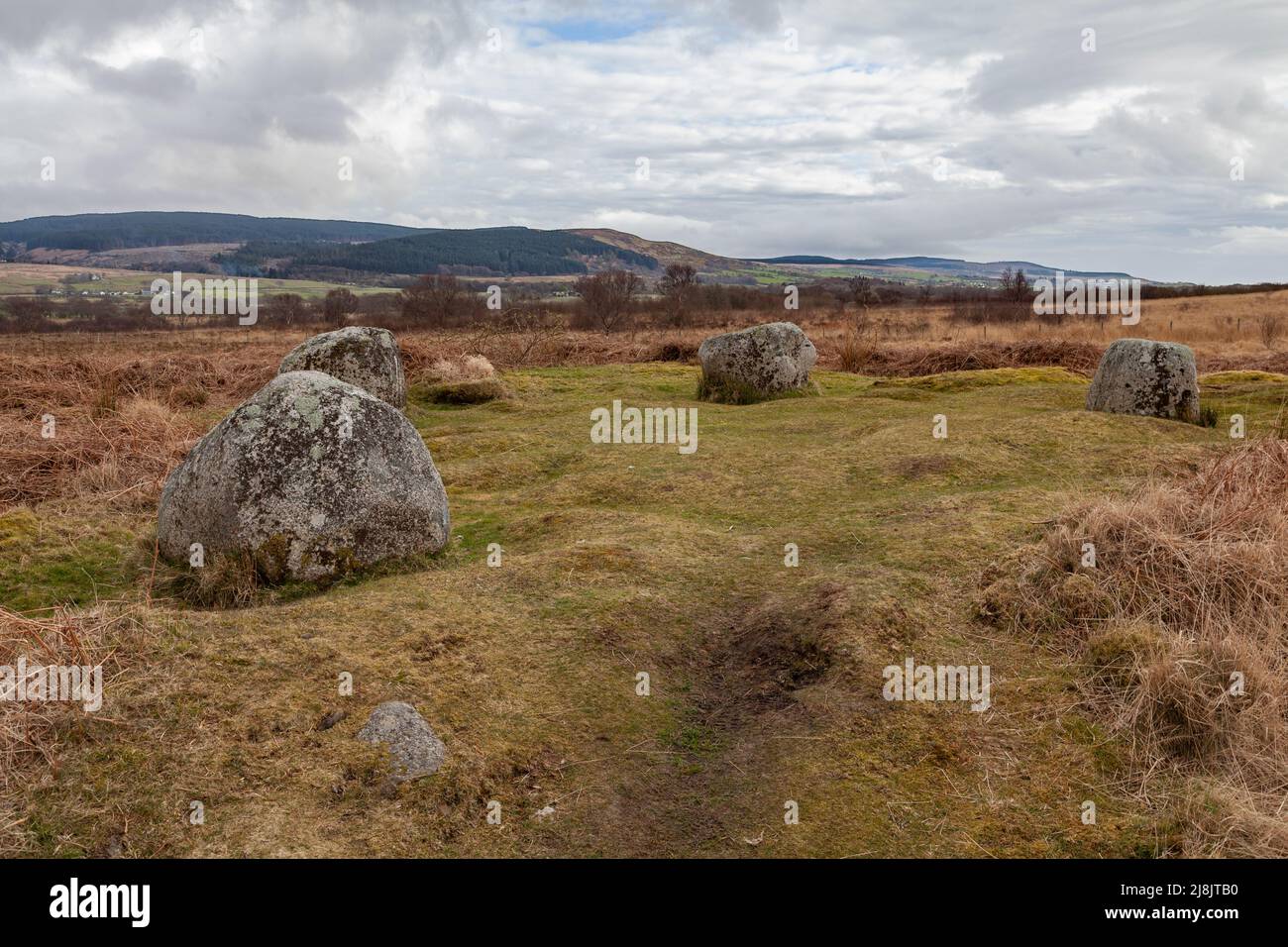 Machrie Moor Stones y círculos de piedra en pie, Isla de Arran, Escocia - se cree que hasta la fecha hasta finales del Neolítico a principios de la Edad de Bronce Foto de stock