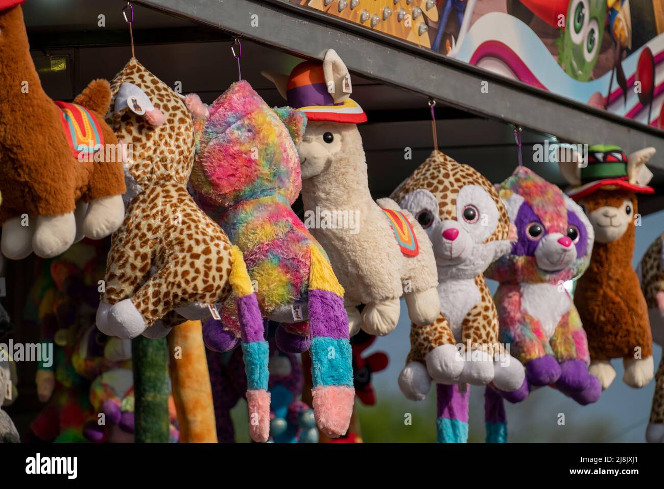 Feria, feria, ganancias en una cabina de lotería, juguetes de peluche, Foto de stock