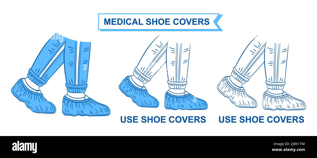 Fundas de zapatos médicos ICON Utilice cubrezapatos estériles de protección en el hospital. Uniforme de pie desechable personal. Use bolsas de calzado quirúrgico higiénico. Vector Ilustración del Vector