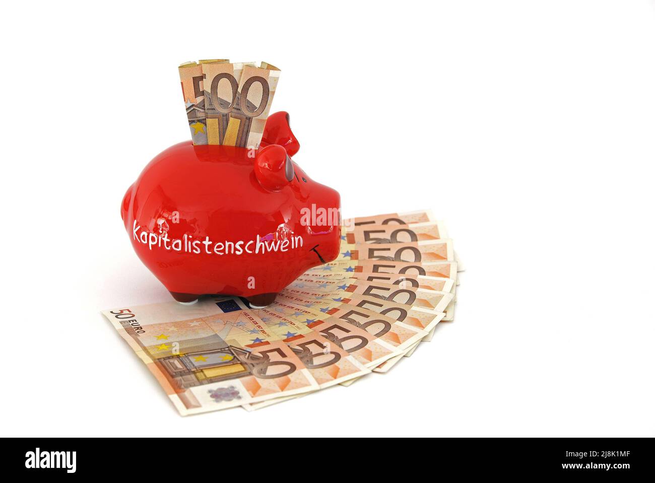 Letras de banco piggy Kapitalistenschwein, cerdo capitalista, sobre monedas de 50 euros Foto de stock
