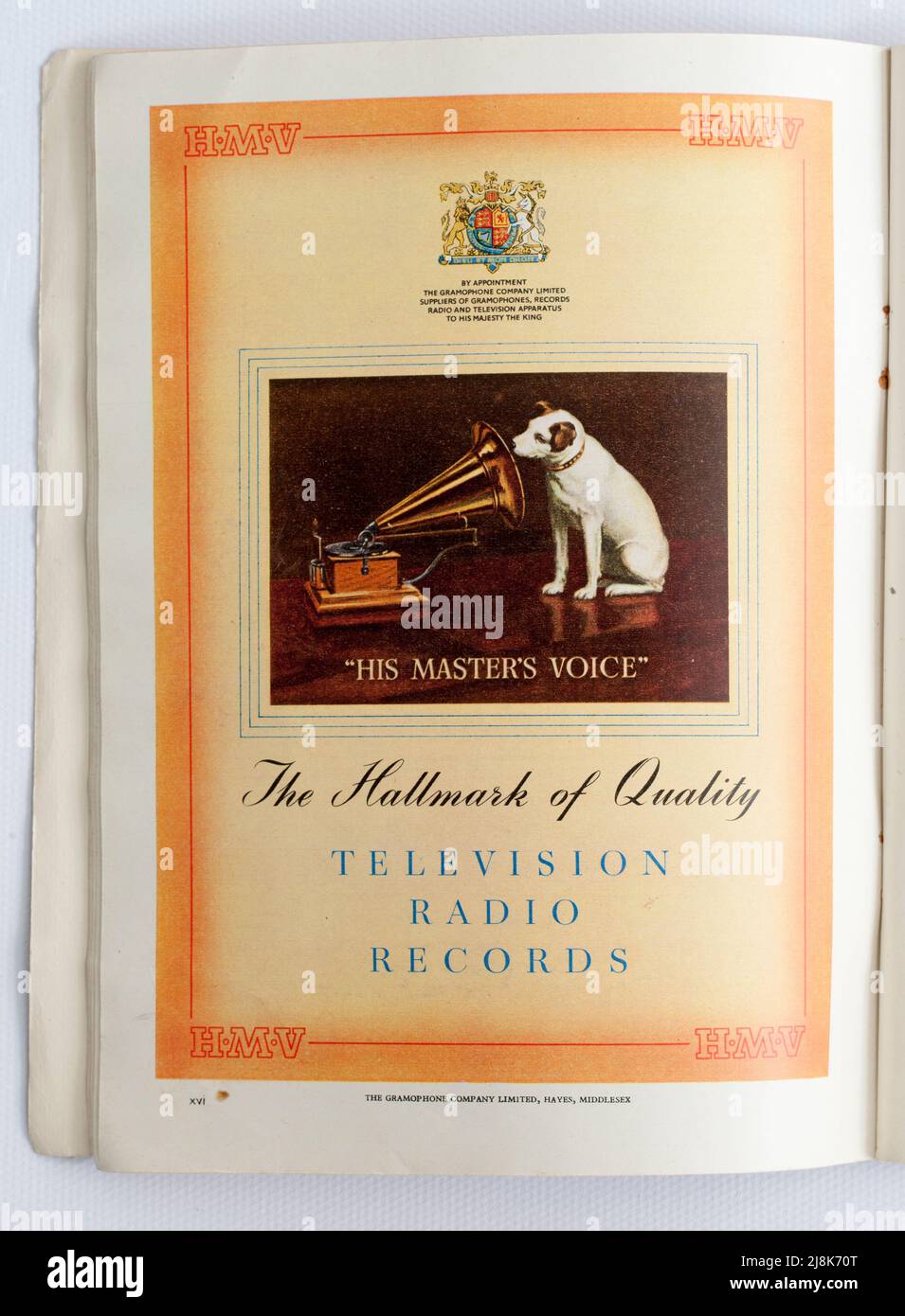 Old 1950s British Advertising HMV His Masters Voice - Radio Records Foto de stock