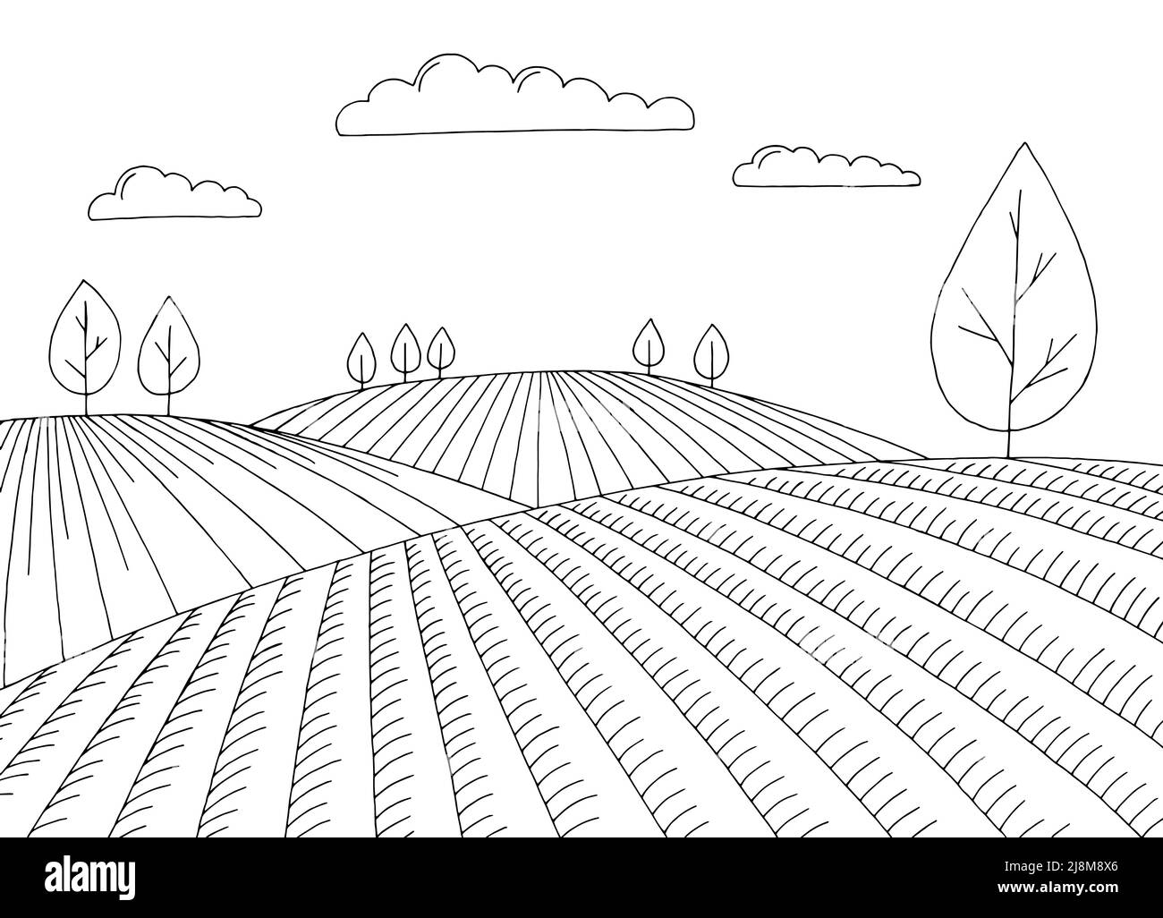 Gráfico de la simplicidad del campo negro blanco paisaje vector de la ilustración del croquis Ilustración del Vector
