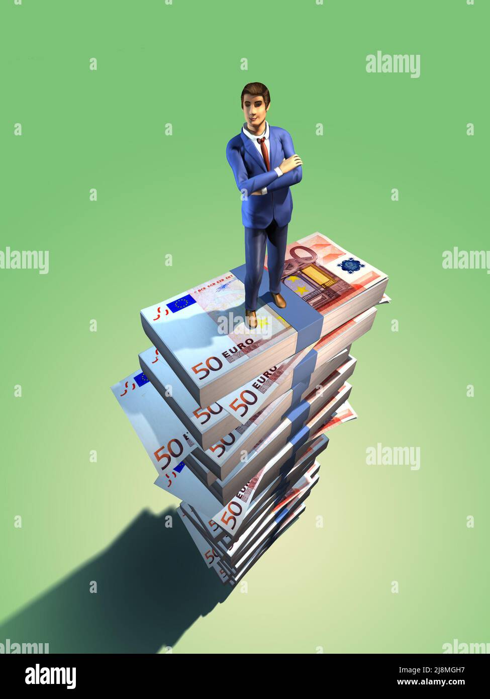 Feliz hombre de negocios que se encuentra en la cima de una enorme pila de billetes de euro. Ilustración digital, trazado de recorte para separar el objeto principal del fondo incluido Foto de stock