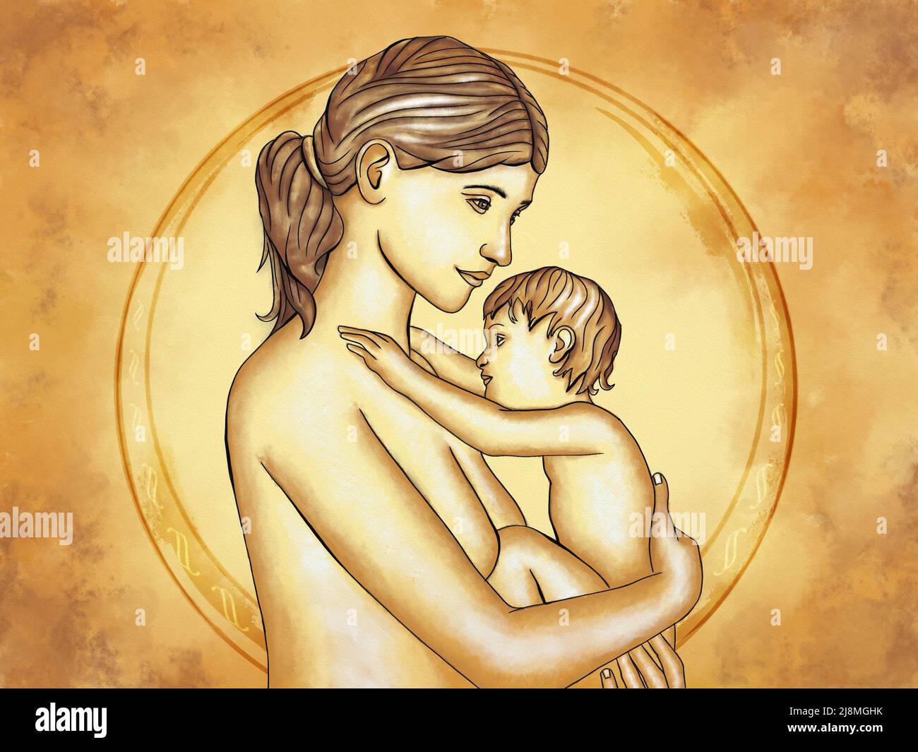 Abrazando a la madre y al niño. Ilustración digital. Foto de stock