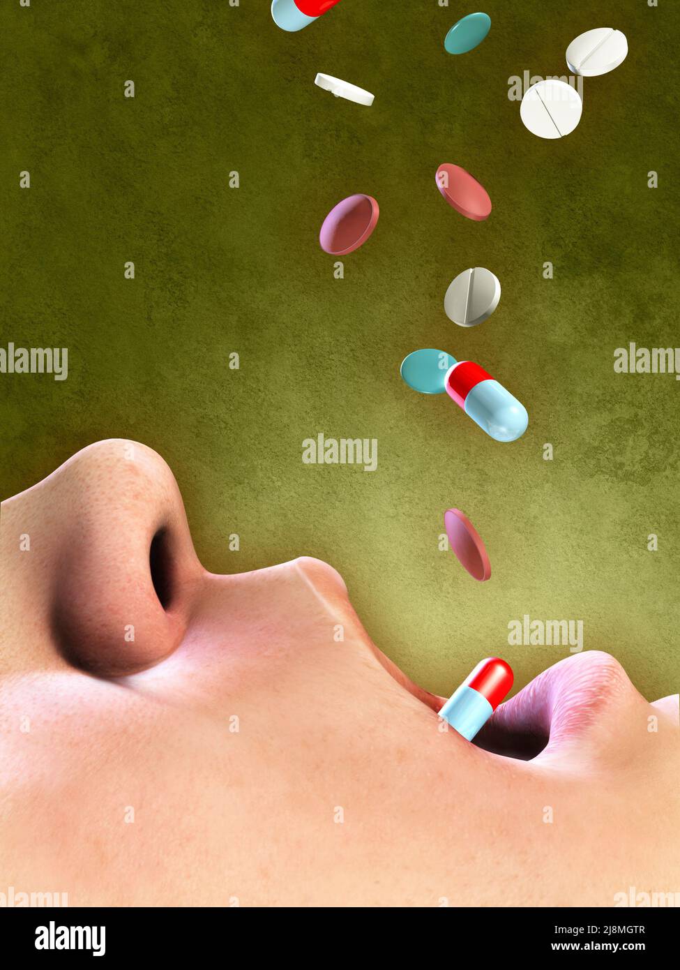 Píldoras distintas caer en la boca abierta. Ilustración Digital. Foto de stock