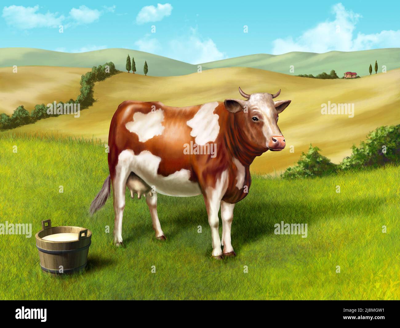 La leche de vaca y la cuchara en un paisaje rural. Ilustración digital original. Foto de stock