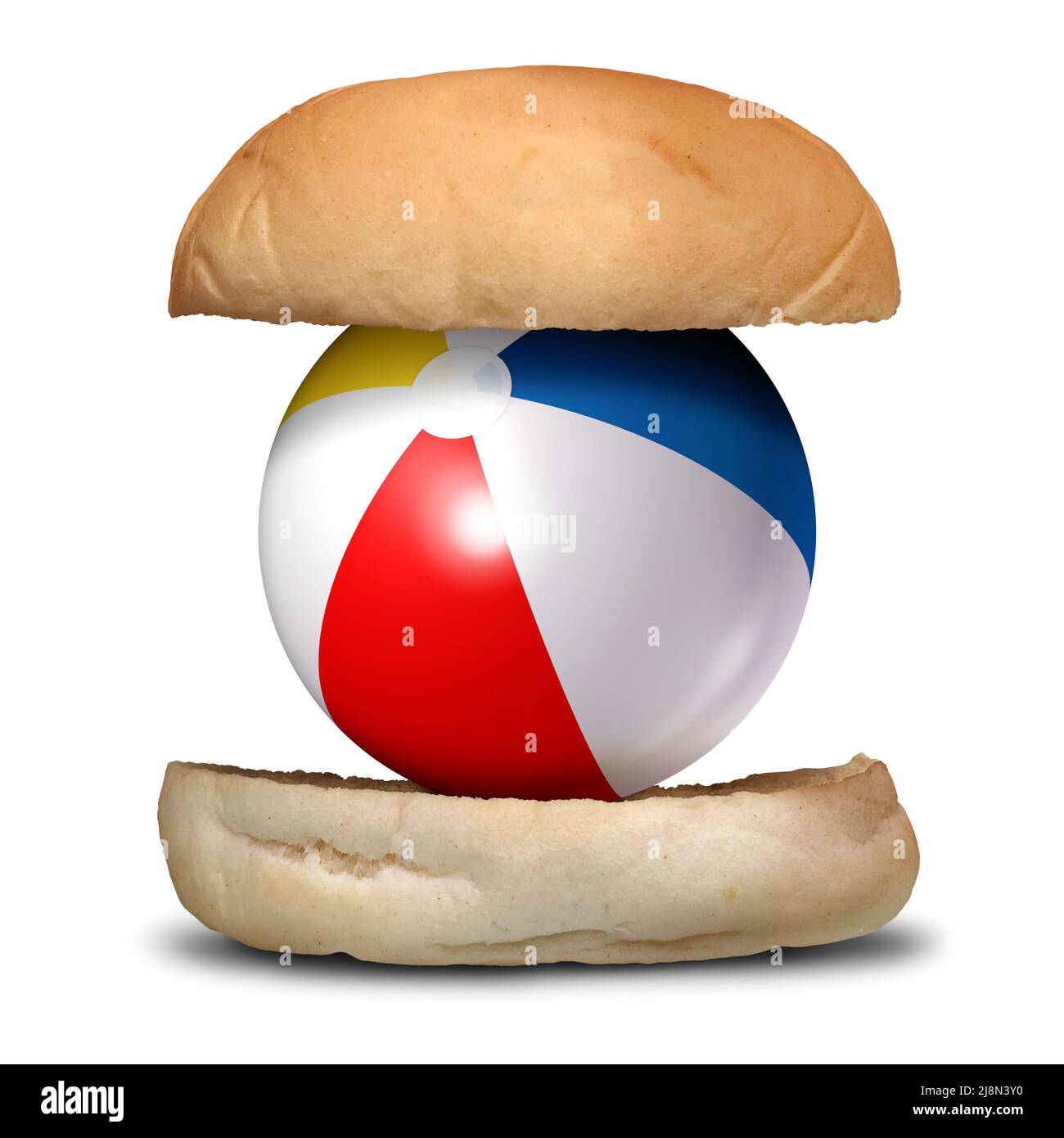 Diversión y comida como barbacoa de verano o cocina de verano y fiesta de barbacoa como una hamburguesa con una pelota de playa. Foto de stock