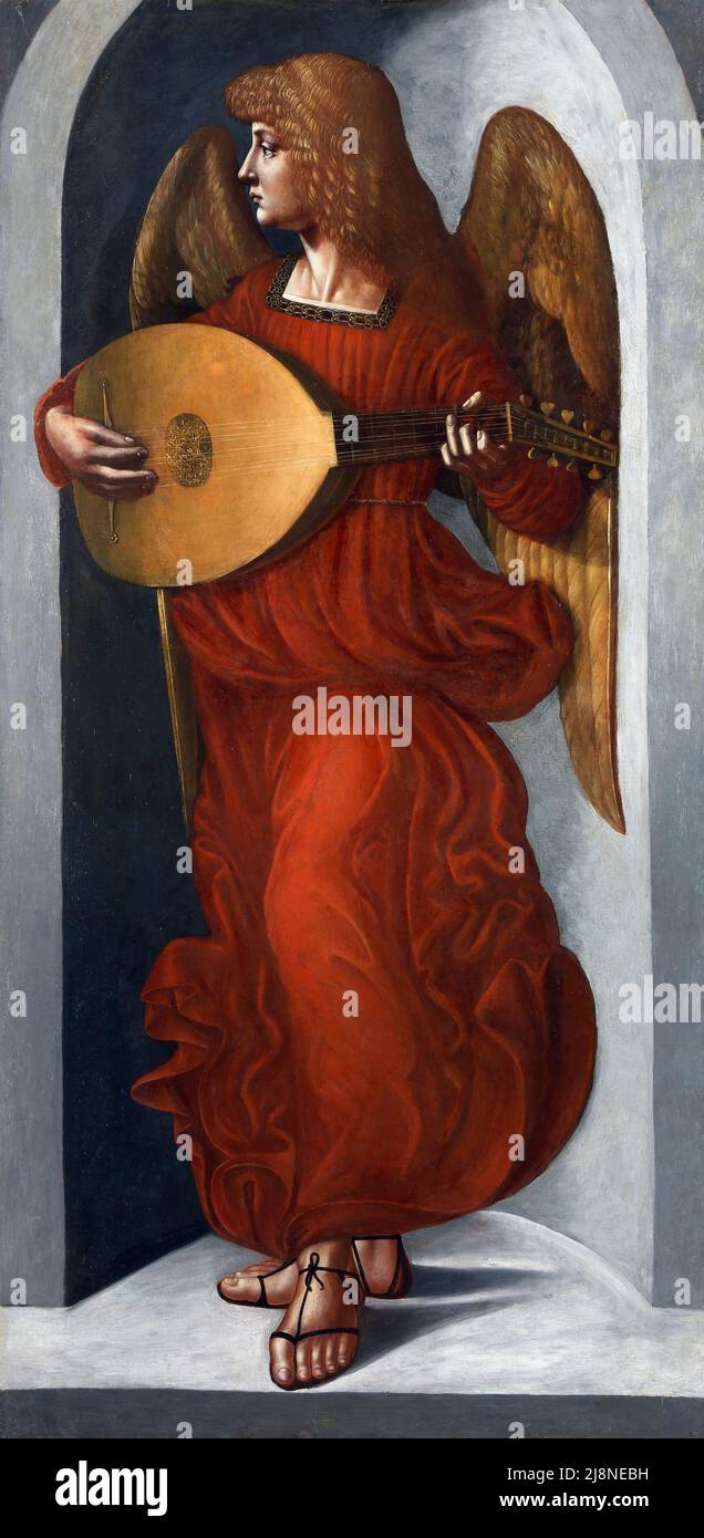 Un ángel en rojo con un laúd del artista renacentista italiano Giovanni Ambrogio de Predis (c. 1455 – c. 1508), aceite sobre álamo, c. 1495-99 Foto de stock